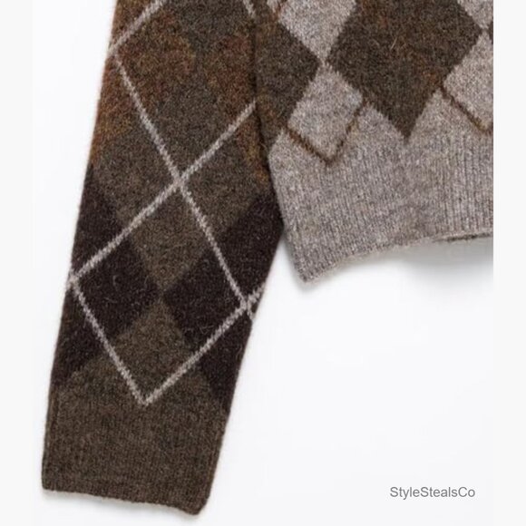 Argyle Cardigan Sweater Long Sleeve Button Down Preppy Knit Cropped - Picture 6 of 7